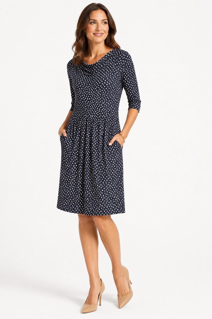 Weekend Max Mara Polka Dot Jersey Dress Large Navy Ivory Stretch  Midi